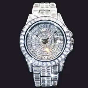 Mens Shiny Full Ice Baguette Silverplated Simulated Diamond Waterproof Watch